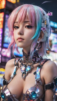 1girl,solo,breasts,looking at viewer,short hair,bangs,hair ornament,cleavage,bare shoulders,jewelry,medium breasts,blue hair,upper body,pink hair,flower,multicolored hair,earrings,parted lips,hair flower,blurry,black eyes,two-tone hair,lips,streaked hair,blurry background,science fiction,realistic,nose,android,blue eyes,large breasts,closed mouth,signature,necklace,eyelashes,cable,cyberpunk