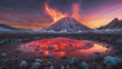 outdoors, sky, cloud, dutch angle, no humans, night, cloudy sky, fire, star (sky), night sky, scenery, starry sky, rock, mountain, electricity, lightning, landscape, molten rock