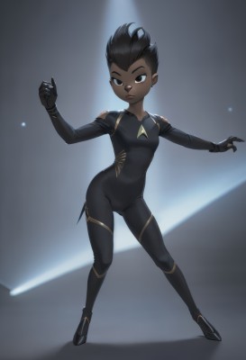 1girl,solo,breasts,looking at viewer,short hair,black hair,gloves,closed mouth,standing,full body,small breasts,dark skin,black eyes,dark-skinned female,bodysuit,skin tight,black bodysuit,very short hair,undercut,very dark skin,spotlight,brown eyes,aged down,spiked hair,child