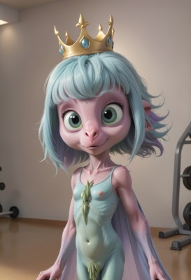 1girl,solo,looking at viewer,smile,short hair,bangs,navel,closed mouth,nipples,green eyes,blue hair,standing,collarbone,nude,cowboy shot,pointy ears,indoors,flat chest,covered nipples,see-through,loli,colored skin,crown,monster girl,freckles,pink skin,breasts,green hair,pussy,cape