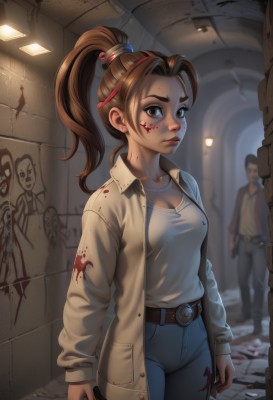 1girl,long hair,breasts,looking at viewer,brown hair,shirt,long sleeves,holding,cleavage,brown eyes,medium breasts,closed mouth,standing,collarbone,jacket,white shirt,ponytail,weapon,open clothes,solo focus,belt,pants,artist name,indoors,holding weapon,blurry,open jacket,lips,blood,blurry background,high ponytail,knife,denim,brown jacket,jeans,blood on face,belt buckle,nose,blood on clothes,blood splatter,blood on weapon,graffiti,cowboy shot,multiple boys,gun,parted bangs,thick eyebrows,tank top,handgun,bandaid on face,brown belt,dirty