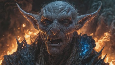 solo,looking at viewer,open mouth,1boy,upper body,male focus,horns,teeth,pointy ears,armor,glowing,facial hair,fangs,fire,sharp teeth,shoulder armor,portrait,beard,spikes,pauldrons,monster,fantasy,embers,no humans,colored skin,smoke,electricity,molten rock