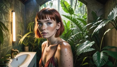 1girl,solo,breasts,looking at viewer,short hair,bangs,blue eyes,brown hair,cleavage,bare shoulders,jewelry,collarbone,upper body,small breasts,parted lips,indoors,blunt bangs,necklace,lips,eyelashes,leaf,sunlight,bob cut,plant,camisole,freckles,mug,realistic,nose,potted plant,body freckles,medium breasts,earrings,window,makeup,mirror,spaghetti strap,stud earrings