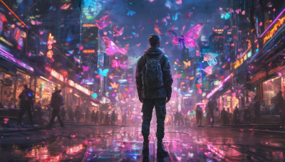 black hair, 1boy, standing, jacket, male focus, outdoors, multiple boys, sky, solo focus, pants, from behind, black jacket, night, black pants, bug, building, butterfly, night sky, scenery, walking, city, neon lights