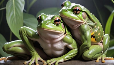 HQ,looking at viewer,sitting,closed mouth,full body,male focus,shiny,blurry,wet,no humans,blurry background,colored skin,animal,leaf,plant,realistic,frog,animal focus,open mouth,yellow eyes,outdoors,shiny skin,green skin,horizontal pupils