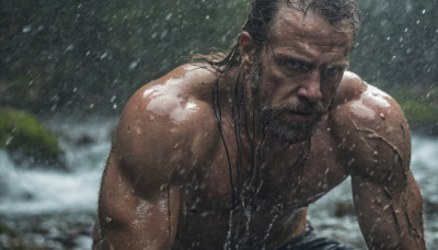 solo, long hair, looking at viewer, blue eyes, black hair, 1boy, male focus, outdoors, blurry, wet, muscular, facial hair, scar, beard, rain, topless male, realistic, manly