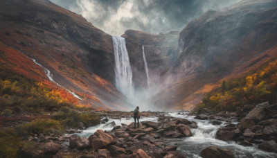 solo, 1boy, outdoors, sky, cloud, water, tree, nature, scenery, rock, mountain, river, waterfall, landscape, cliff