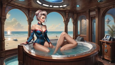 1girl,solo,long hair,breasts,short hair,large breasts,cleavage,bare shoulders,jewelry,medium breasts,sitting,closed mouth,collarbone,swimsuit,closed eyes,grey hair,earrings,outdoors,parted lips,detached sleeves,sky,barefoot,choker,day,artist name,cloud,indoors,water,necklace,hair bun,collar,tree,blue sky,lips,wet,legs,one-piece swimsuit,bare legs,strapless,tattoo,makeup,detached collar,bird,ocean,arm support,beach,single hair bun,robot,lipstick,star (sky),eyeshadow,partially submerged,science fiction,blue one-piece swimsuit,nose,sand,palm tree,sun,android,horizon,red lips,eyeliner,watercraft,casual one-piece swimsuit,shell,boat,spacecraft,surfboard,radio,strapless swimsuit,blue eyes,long sleeves,ribbon,full body,ponytail,white hair,thighs,alternate costume,signature,nail polish,mole,leotard,window,covered navel,watermark,cloudy sky,plant,adapted costume,web address,reflection,legs together,wooden floor,pink lips,realistic,hair tie,yokozuwari,pool,blue leotard,soaking feet,pillar,shore,seashell,lighthouse