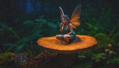 1girl,solo,long hair,blue eyes,brown hair,black hair,hair ornament,dress,bare shoulders,jewelry,sitting,braid,outdoors,wings,barefoot,sleeveless,hand up,dark skin,necklace,blurry,dark-skinned female,tree,bare arms,grass,plant,nature,forest,minigirl,fairy wings,fairy,mushroom,butterfly wings,moss,breasts,flower,hair flower,blue dress,scenery,realistic,tree stump