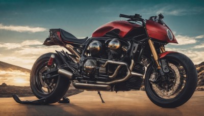 outdoors,sky,day,cloud,blue sky,no humans,shadow,cloudy sky,ground vehicle,scenery,motor vehicle,mountain,sand,vehicle focus,motorcycle,desert,science fiction,sunset,realistic