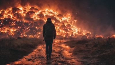 solo, 1boy, standing, jacket, male focus, outdoors, sky, from behind, night, grass, fire, star (sky), scenery, walking, dark, burning