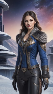 1girl,solo,long hair,breasts,looking at viewer,brown hair,shirt,gloves,long sleeves,cleavage,brown eyes,jewelry,medium breasts,standing,jacket,cowboy shot,earrings,outdoors,sky,black gloves,belt,pants,lips,fur trim,makeup,night,black pants,lipstick,star (sky),night sky,snow,starry sky,hoop earrings,mountain,nose,arms at sides,red lips,leather pants,parted lips,blue shirt,blue jacket,fur collar,realistic