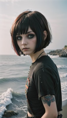 1girl,solo,breasts,looking at viewer,short hair,bangs,blue eyes,shirt,black hair,jewelry,closed mouth,upper body,short sleeves,multicolored hair,earrings,small breasts,outdoors,parted lips,day,belt,artist name,water,necklace,blurry,bracelet,from side,lips,wet,looking to the side,black shirt,tattoo,makeup,depth of field,blurry background,chain,ocean,beach,piercing,bob cut,t-shirt,ear piercing,freckles,realistic,nose,arm tattoo,leather,waves,gothic,neck tattoo,studded bracelet,green eyes,midriff,blunt bangs,eyelashes,expressionless,mascara