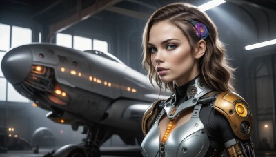 HQ,1girl,solo,long hair,breasts,looking at viewer,blue eyes,brown hair,hair ornament,upper body,small breasts,parted lips,hairclip,indoors,armor,lips,window,bodysuit,makeup,robot,mecha,science fiction,realistic,aircraft,nose,spacecraft,blonde hair,pilot suit,dirty,cockpit