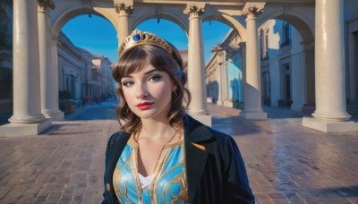 1girl,solo,long hair,breasts,looking at viewer,bangs,brown hair,dress,cleavage,brown eyes,jewelry,medium breasts,closed mouth,jacket,upper body,outdoors,open clothes,sky,day,medium hair,necklace,black eyes,blue sky,lips,black jacket,makeup,blue dress,tiara,crown,lipstick,blue jacket,realistic,red lips,pillar,arch,column,smile,earrings,parted lips,scenery