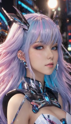 1girl,solo,long hair,breasts,looking at viewer,bangs,blue eyes,large breasts,cleavage,bare shoulders,jewelry,medium breasts,blue hair,upper body,pink hair,purple hair,multicolored hair,earrings,blurry,two-tone hair,lips,clothing cutout,eyelashes,makeup,blurry background,piercing,cleavage cutout,ear piercing,eyeshadow,realistic,nose,hair ornament,sidelocks,parted lips,shiny,shiny hair,depth of field,headgear,light purple hair,close-up,science fiction,cyberpunk