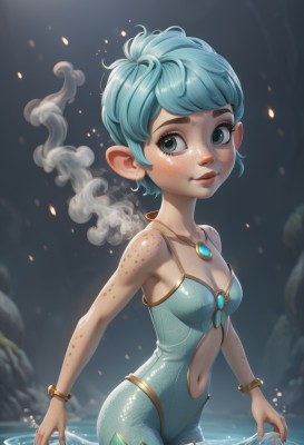 1girl,solo,breasts,looking at viewer,blush,smile,short hair,bangs,blue eyes,navel,cleavage,bare shoulders,jewelry,green eyes,blue hair,standing,collarbone,swimsuit,cowboy shot,earrings,small breasts,parted lips,shiny,artist name,water,necklace,blurry,bracelet,aqua eyes,lips,one-piece swimsuit,clothing cutout,eyelashes,aqua hair,watermark,monster girl,gem,wading,pendant,smoke,freckles,center opening,navel cutout,pointy ears