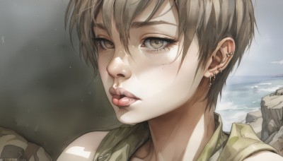 1girl,solo,looking at viewer,short hair,bangs,brown hair,hair between eyes,brown eyes,jewelry,earrings,outdoors,parted lips,sleeveless,tongue,artist name,tongue out,water,lips,eyelashes,ocean,beach,piercing,ear piercing,portrait,close-up,freckles,rock,nose,bare shoulders,sky,day,cloud,watermark,realistic