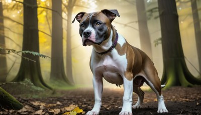 HQ,solo,full body,yellow eyes,outdoors,day,blurry,collar,tree,no humans,depth of field,blurry background,animal,leaf,sunlight,nature,forest,dog,realistic,autumn leaves,animal focus,autumn,looking at viewer,standing,signature,animal collar