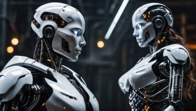 1girl,long hair,breasts,blue eyes,brown hair,1boy,medium breasts,upper body,armor,blurry,looking at another,from side,profile,blurry background,glowing,helmet,robot,science fiction,realistic,android,joints,cyborg,damaged,robot joints,alien,power armor,cyberpunk,humanoid robot,multiple girls,2girls,braid,lips,colored skin,glowing eyes,machinery,bald,mechanical parts