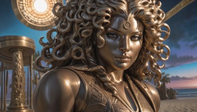 1girl,solo,long hair,looking at viewer,brown hair,brown eyes,upper body,outdoors,sky,cloud,dark skin,armor,dark-skinned female,tree,lips,ocean,facial mark,beach,portrait,curly hair,sunset,realistic,nose,palm tree,very dark skin,eyelashes,forehead mark,statue