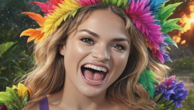 1girl,solo,long hair,looking at viewer,smile,open mouth,brown hair,hair ornament,brown eyes,flower,:d,outdoors,teeth,tongue,hair flower,blurry,lips,eyelashes,blurry background,leaf,portrait,realistic,nose,artist name,depth of field,feathers