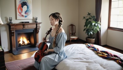 1girl,solo,long hair,breasts,brown hair,dress,holding,cleavage,bare shoulders,medium breasts,sitting,closed eyes,braid,day,indoors,off shoulder,white dress,twin braids,lips,pillow,window,single braid,bed,bed sheet,on bed,sunlight,fire,plant,curtains,instrument,hair over shoulder,wooden floor,music,blanket,potted plant,lamp,photo (object),bedroom,playing instrument,vase,picture frame,painting (object),violin,picture (object),rug,fireplace,chest of drawers,portrait (object),black hair,makeup,candle,carpet