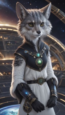 solo,looking at viewer,1boy,dress,animal ears,jewelry,closed mouth,standing,yellow eyes,short sleeves,male focus,cowboy shot,outdoors,sky,belt,artist name,signature,white dress,night,brooch,gem,star (sky),furry,starry sky,space,furry male,body fur,white fur,planet,whiskers,earth (planet),black fur,fluffy,grey fur,1girl,cat ears,necklace,bracelet,no humans,animal,cat,pendant,animal focus