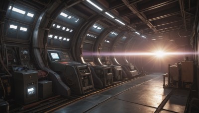 indoors,no humans,sunlight,scenery,lens flare,science fiction,light rays,light,cable,computer,monitor,spacecraft,screen