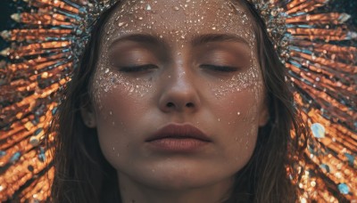 1girl,solo,long hair,brown hair,black hair,jewelry,closed mouth,closed eyes,dark skin,water,mole,dark-skinned female,lips,eyelashes,portrait,facing viewer,close-up,freckles,realistic,nose,mole above mouth,mole on cheek