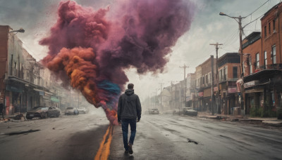 solo, 1boy, jacket, male focus, outdoors, sky, pants, cloud, hood, from behind, dutch angle, hoodie, hood down, denim, ground vehicle, building, scenery, motor vehicle, smoke, walking, jeans, city, realistic, car, road, explosion, power lines, lamppost, street, utility pole, destruction, truck