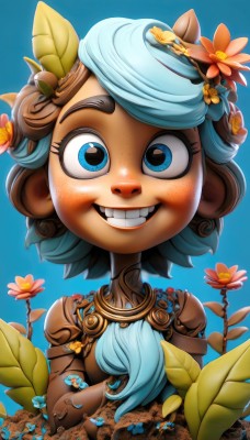 1girl,solo,breasts,looking at viewer,smile,short hair,blue eyes,brown hair,hair ornament,animal ears,jewelry,blue hair,upper body,flower,multicolored hair,teeth,artist name,hair flower,dark skin,necklace,grin,dark-skinned female,leaf,blue background,plant,pink flower,freckles,joints,doll joints,medium breasts,white hair,thick eyebrows