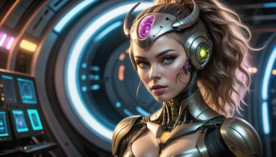 HQ,1girl,solo,long hair,breasts,looking at viewer,blue eyes,blonde hair,brown hair,cleavage,medium breasts,upper body,ponytail,parted lips,armor,lips,clothing cutout,eyelashes,bodysuit,makeup,headgear,cleavage cutout,lipstick,portrait,science fiction,realistic,nose,cyborg,hair pulled back,cyberpunk,wavy hair,eyeshadow,cable