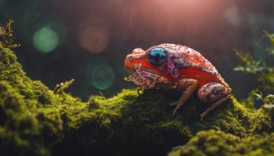 outdoors,blurry,tree,no humans,depth of field,grass,plant,robot,nature,scenery,mecha,lens flare,forest,flying,science fiction,realistic,alien,non-humanoid robot,blurry background,animal,leaf,blurry foreground,bokeh,spacecraft,moss