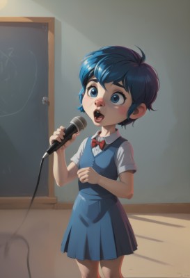 1girl,solo,blush,short hair,open mouth,bangs,blue eyes,skirt,shirt,dress,bow,holding,school uniform,blue hair,standing,white shirt,short sleeves,pleated skirt,teeth,tongue,indoors,tongue out,bowtie,vest,red bow,blue skirt,blue dress,aged down,red bowtie,child,microphone,music,pinafore dress,blue vest,holding microphone,singing,chalkboard,socks