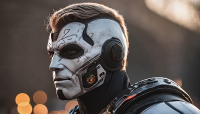 solo,brown hair,1boy,brown eyes,closed mouth,upper body,male focus,signature,armor,blurry,from side,profile,depth of field,blurry background,helmet,portrait,science fiction,realistic,cyborg,power armor,cyberpunk,lips,mask,colored skin,close-up,android