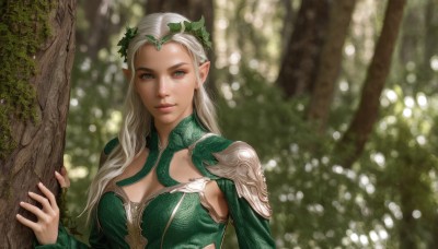 1girl,solo,long hair,breasts,looking at viewer,blonde hair,dress,cleavage,medium breasts,green eyes,upper body,white hair,outdoors,pointy ears,armor,blurry,tree,lips,depth of field,blurry background,elf,shoulder armor,nature,forest,green dress,realistic,nose,blue eyes,freckles,circlet,fantasy