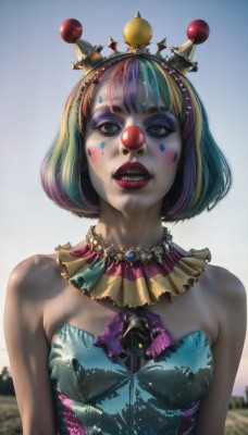 1girl,solo,breasts,looking at viewer,short hair,open mouth,bangs,blonde hair,dress,bare shoulders,brown eyes,jewelry,upper body,pink hair,purple hair,multicolored hair,small breasts,outdoors,parted lips,green hair,sky,teeth,day,artist name,necklace,blurry,two-tone hair,lips,streaked hair,head tilt,eyelashes,strapless,aqua hair,makeup,detached collar,blurry background,watermark,facial mark,bug,tiara,crown,lipstick,gem,strapless dress,web address,eyeshadow,realistic,nose,red lips,facepaint,purple lips,mascara,clown,blush,bob cut,multicolored clothes,bodypaint