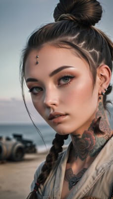 1girl,solo,long hair,looking at viewer,brown hair,black hair,jewelry,green eyes,upper body,braid,earrings,outdoors,parted lips,teeth,choker,day,artist name,necklace,hair bun,blurry,lips,eyelashes,single braid,tattoo,depth of field,blurry background,piercing,single hair bun,ground vehicle,ear piercing,portrait,hair over shoulder,motor vehicle,forehead,freckles,realistic,nose,arm tattoo,neck tattoo,brown eyes,sky,twin braids,car,nose piercing,lip piercing