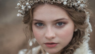 1girl,solo,long hair,looking at viewer,blue eyes,blonde hair,brown hair,hair ornament,jewelry,flower,earrings,parted lips,blurry,lips,grey eyes,eyelashes,depth of field,blurry background,portrait,close-up,freckles,realistic,head wreath,brown background,nose