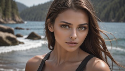 1girl,solo,long hair,looking at viewer,brown hair,bare shoulders,brown eyes,closed mouth,collarbone,upper body,outdoors,day,water,blurry,lips,depth of field,blurry background,tank top,portrait,freckles,rock,realistic,nose,river,eyelashes,ocean,beach,sunlight,thick eyebrows,wind,nature,close-up