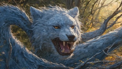 solo,open mouth,outdoors,wings,teeth,day,tongue,tree,orange eyes,no humans,animal,leaf,fangs,sharp teeth,nature,forest,realistic,branch,animal focus,looking at viewer,bare tree,wolf,oversized animal