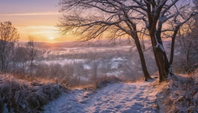 solo,1boy,standing,male focus,outdoors,sky,pants,cloud,water,tree,sunlight,grass,nature,scenery,snow,forest,reflection,sunset,mountain,sun,winter,bare tree,river,landscape,lake,sunrise,no humans,cloudy sky,evening