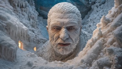 solo,looking at viewer,1boy,closed mouth,white hair,male focus,outdoors,facial hair,portrait,scenery,beard,snow,realistic,old,old man,grey hair,lantern,rock,snowing,wrinkled skin