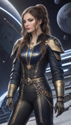 1girl,solo,long hair,breasts,looking at viewer,brown hair,gloves,brown eyes,jewelry,medium breasts,closed mouth,standing,ponytail,cowboy shot,belt,pants,fingerless gloves,necklace,armor,lips,bodysuit,tattoo,makeup,black pants,shoulder armor,gauntlets,star (sky),claws,pauldrons,realistic,nose,space,planet,earth (planet),earrings,wavy hair,freckles,science fiction,black bodysuit