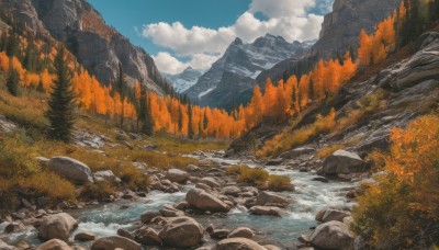 outdoors,sky,day,cloud,water,tree,blue sky,no humans,cloudy sky,grass,nature,scenery,forest,rock,mountain,autumn leaves,river,autumn,landscape,stream,waterfall