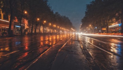 outdoors,sky,water,tree,no humans,night,ground vehicle,building,star (sky),night sky,scenery,motor vehicle,starry sky,reflection,city,sign,car,light,road,bridge,lamppost,street,road sign,city lights,lights,train station,crosswalk,real world location,vanishing point,cloud,window,rain,sunset,evening,puddle,traffic light