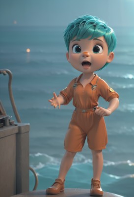 solo,looking at viewer,smile,short hair,open mouth,shirt,1boy,green eyes,blue hair,standing,full body,short sleeves,:d,male focus,outdoors,green hair,shoes,shorts,teeth,water,blurry,aqua eyes,aqua hair,blurry background,ocean,brown footwear,suspenders,child,sleeves rolled up,overalls,male child,blue eyes,belt,personification,orange shirt,jumpsuit