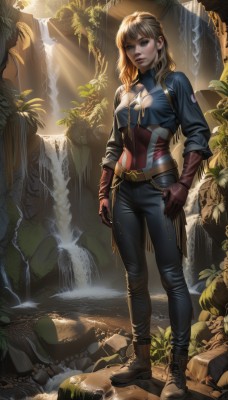 1girl,solo,long hair,breasts,looking at viewer,blue eyes,blonde hair,gloves,medium breasts,standing,full body,boots,belt,pants,water,lips,bodysuit,brown footwear,black pants,sunlight,plant,denim,nature,brown gloves,light rays,rock,realistic,leather,sunbeam,waterfall,leaf