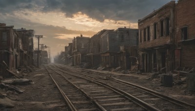 outdoors,sky,day,cloud,no humans,cloudy sky,ground vehicle,building,scenery,road,ruins,power lines,utility pole,railroad tracks,rubble,post-apocalypse,sunset,sign